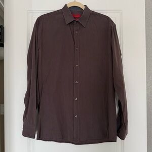 HUGO Dark Brown Pinstripe Dress Men's Slim-Fit Shirt Medium
